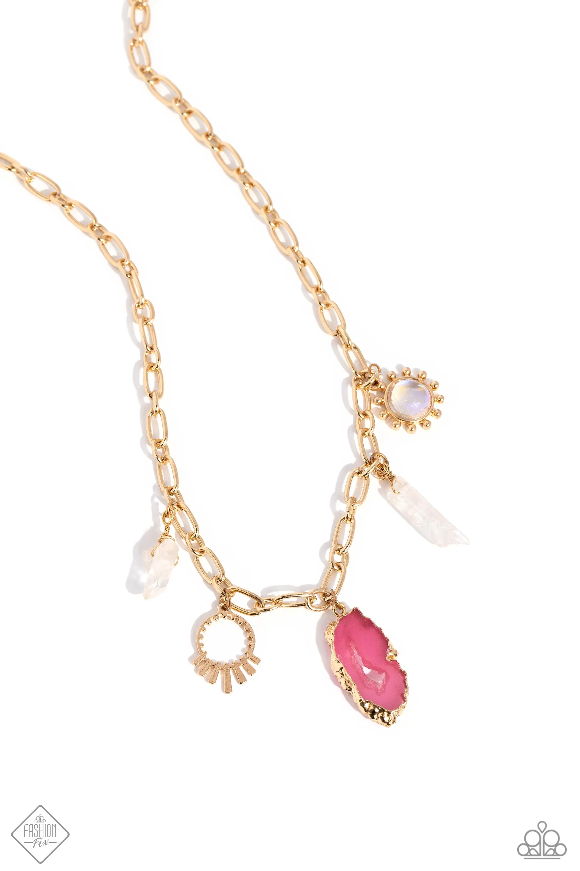 Geode Glam - Pink - Opalescent Bead Natural Stone Gold Frame Paparazzi Short Necklace - January 2024 Simply Santa Fe