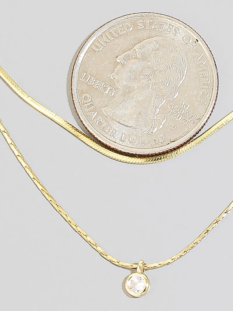 Gold Dainty Two Layer Chain Cz Pendant Necklace