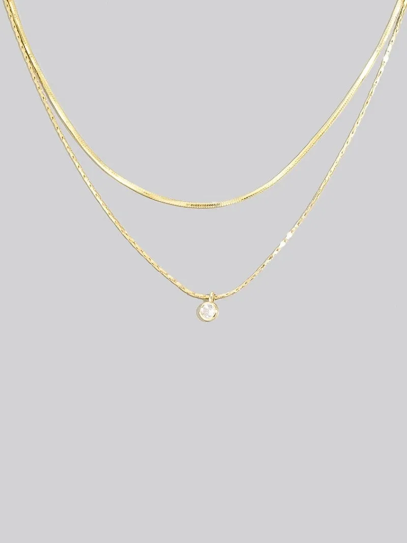 Gold Dainty Two Layer Chain Cz Pendant Necklace