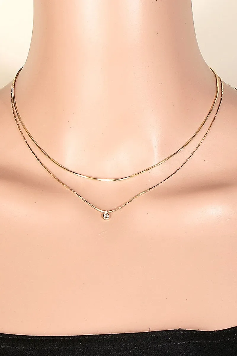 Gold Dainty Two Layer Chain Cz Pendant Necklace