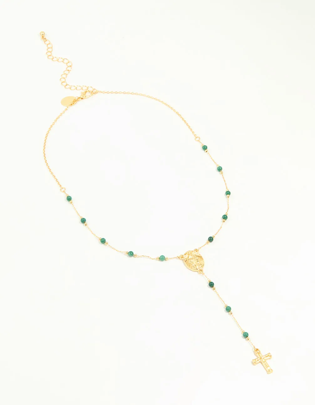 Gold Plated Green Semi Precious Stone Cross Y-Necklace