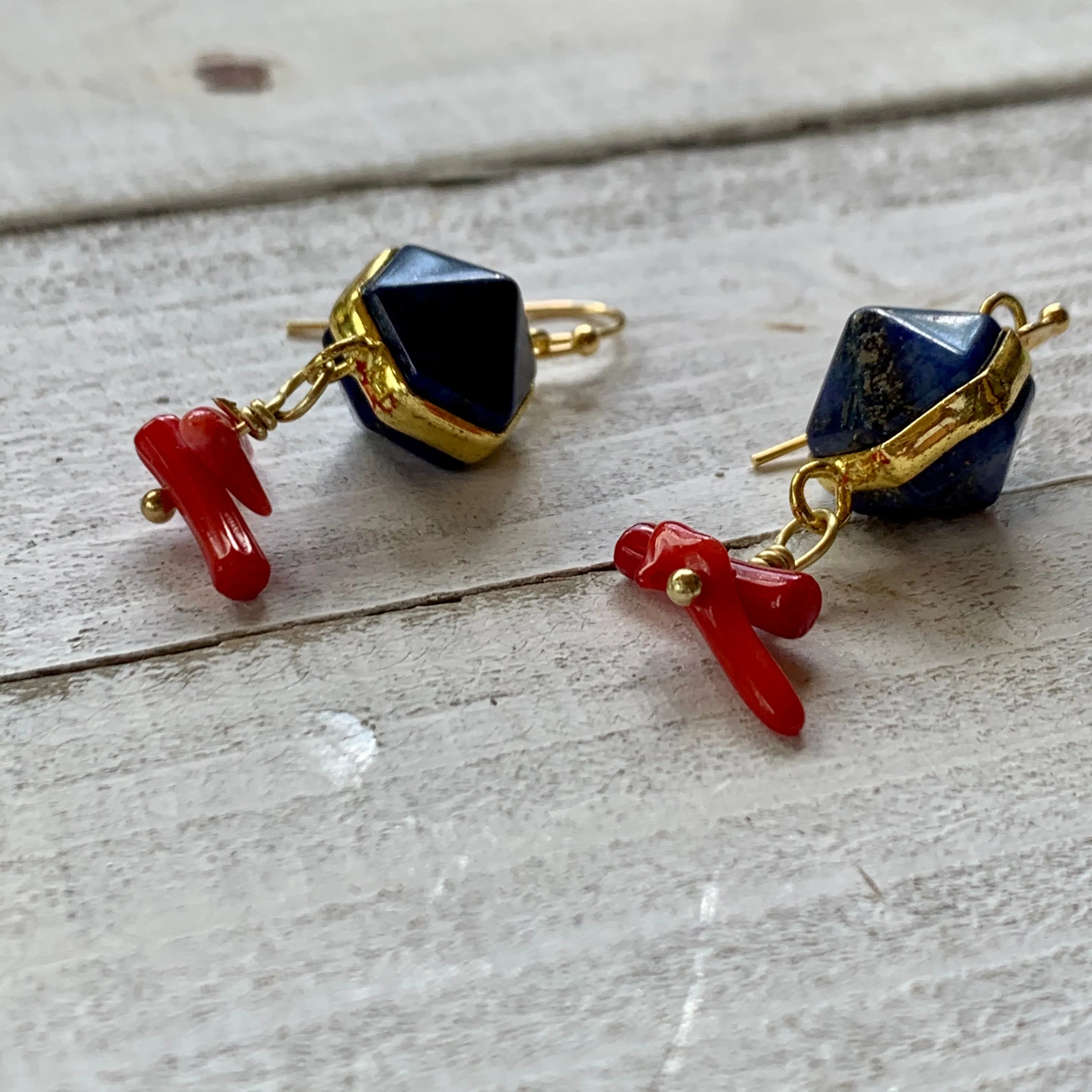 Gold Plated Lapis Lazuli & Red Coral Branches Earrings 220-28 | Erika Williner Designs