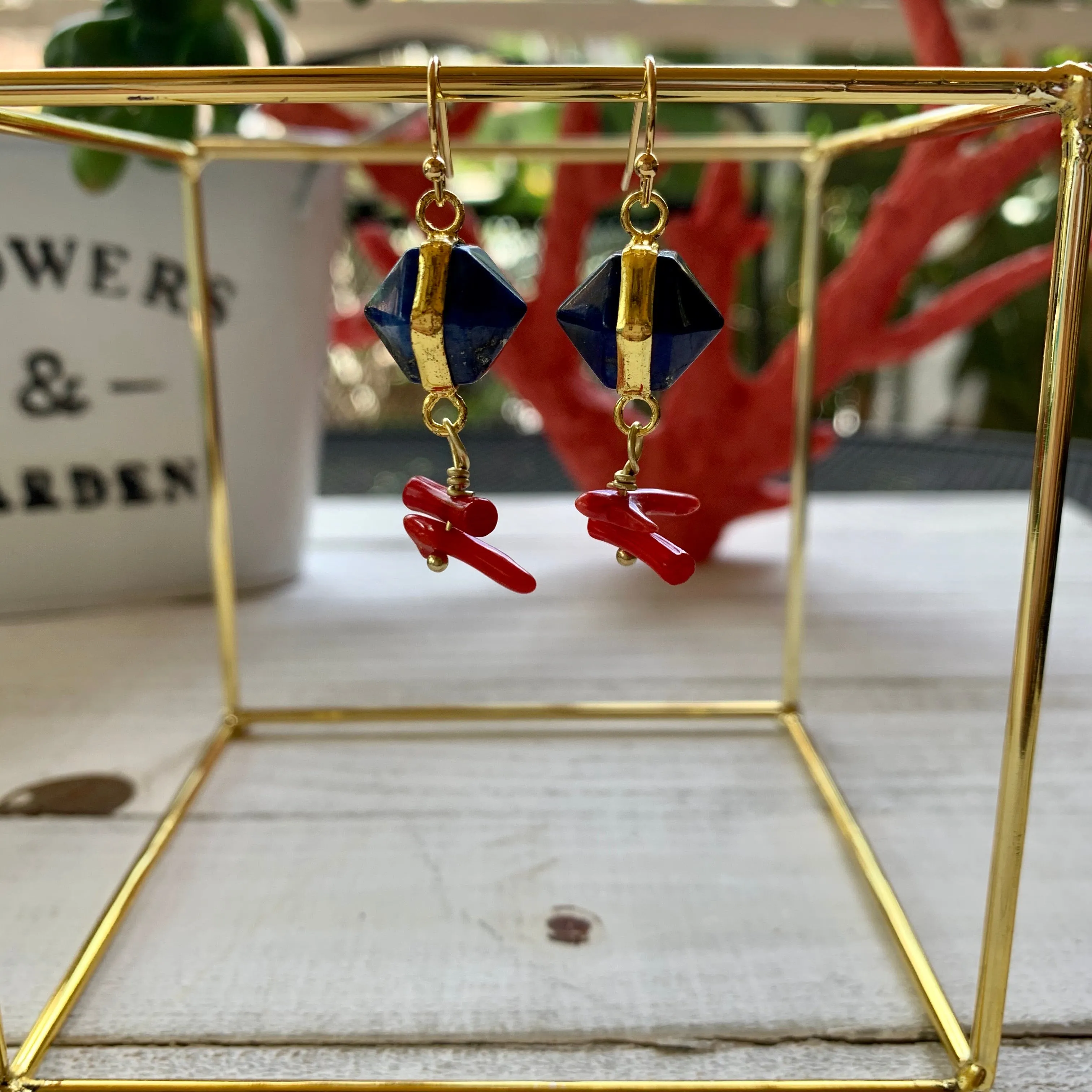 Gold Plated Lapis Lazuli & Red Coral Branches Earrings 220-28 | Erika Williner Designs