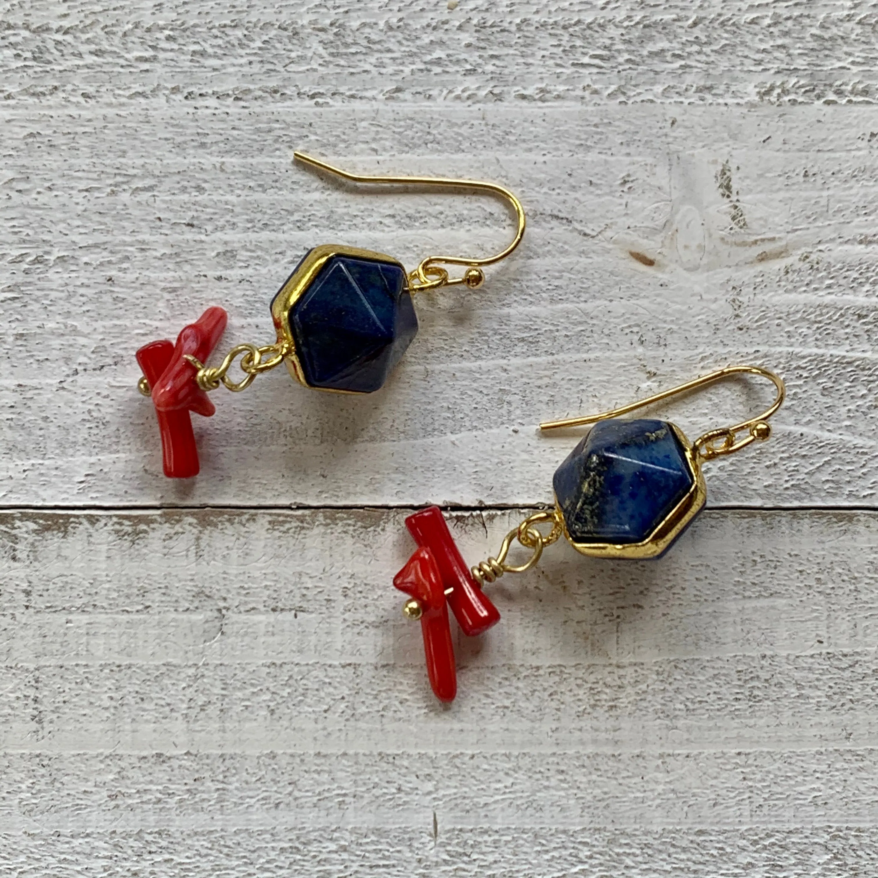 Gold Plated Lapis Lazuli & Red Coral Branches Earrings 220-28 | Erika Williner Designs