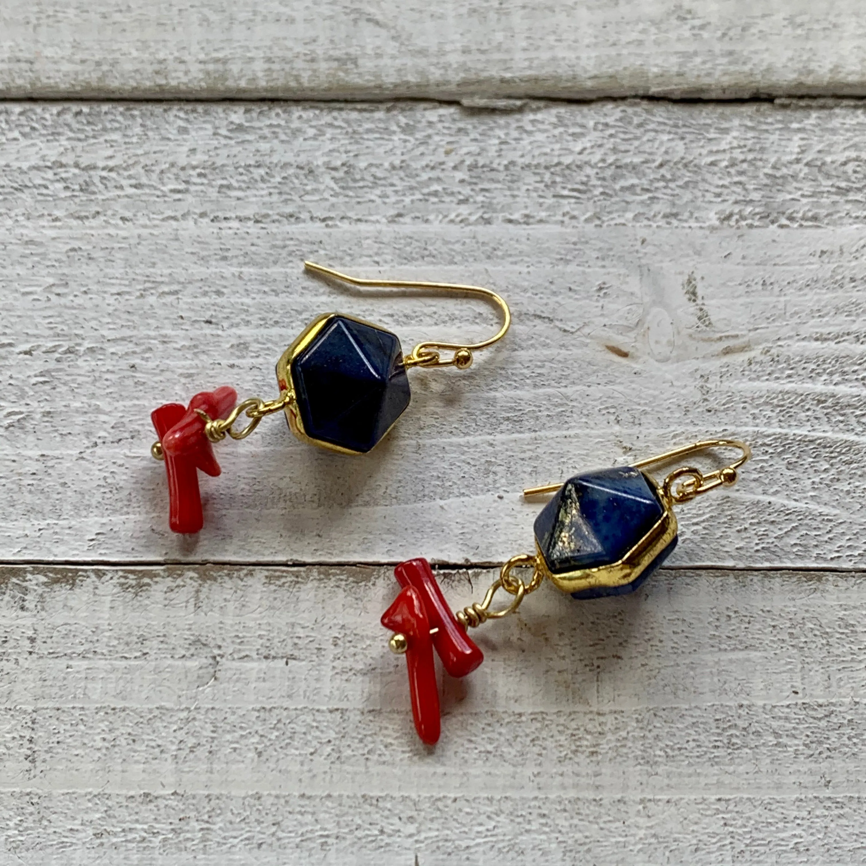 Gold Plated Lapis Lazuli & Red Coral Branches Earrings 220-28 | Erika Williner Designs