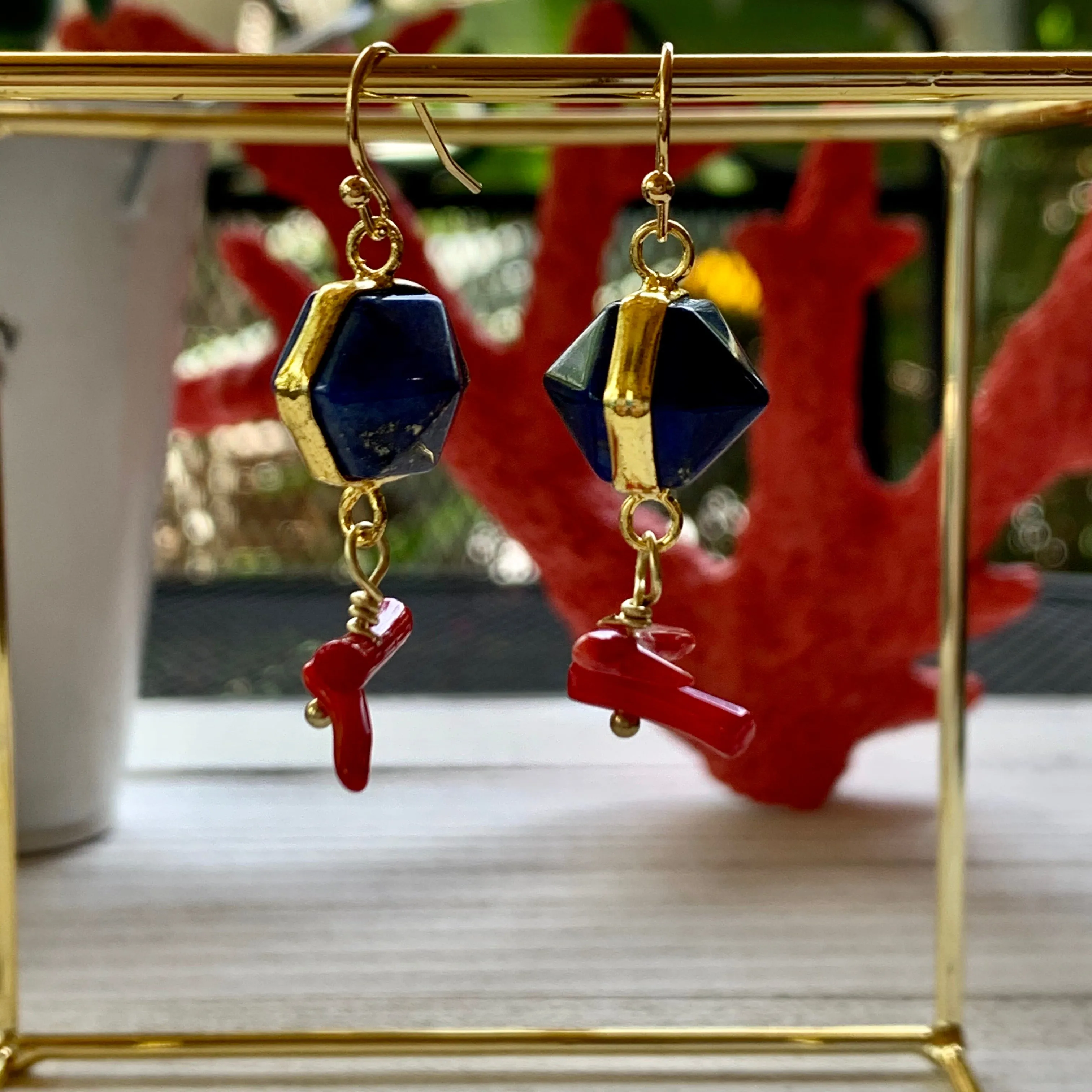Gold Plated Lapis Lazuli & Red Coral Branches Earrings 220-28 | Erika Williner Designs