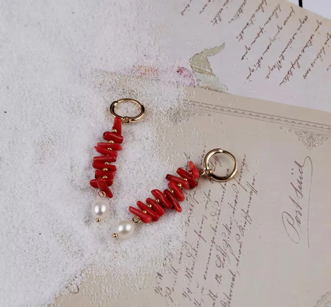 Gold Plated Open Hoop with Red Coral Chips Drop Earrings 200-29 | Erika Williner Designs