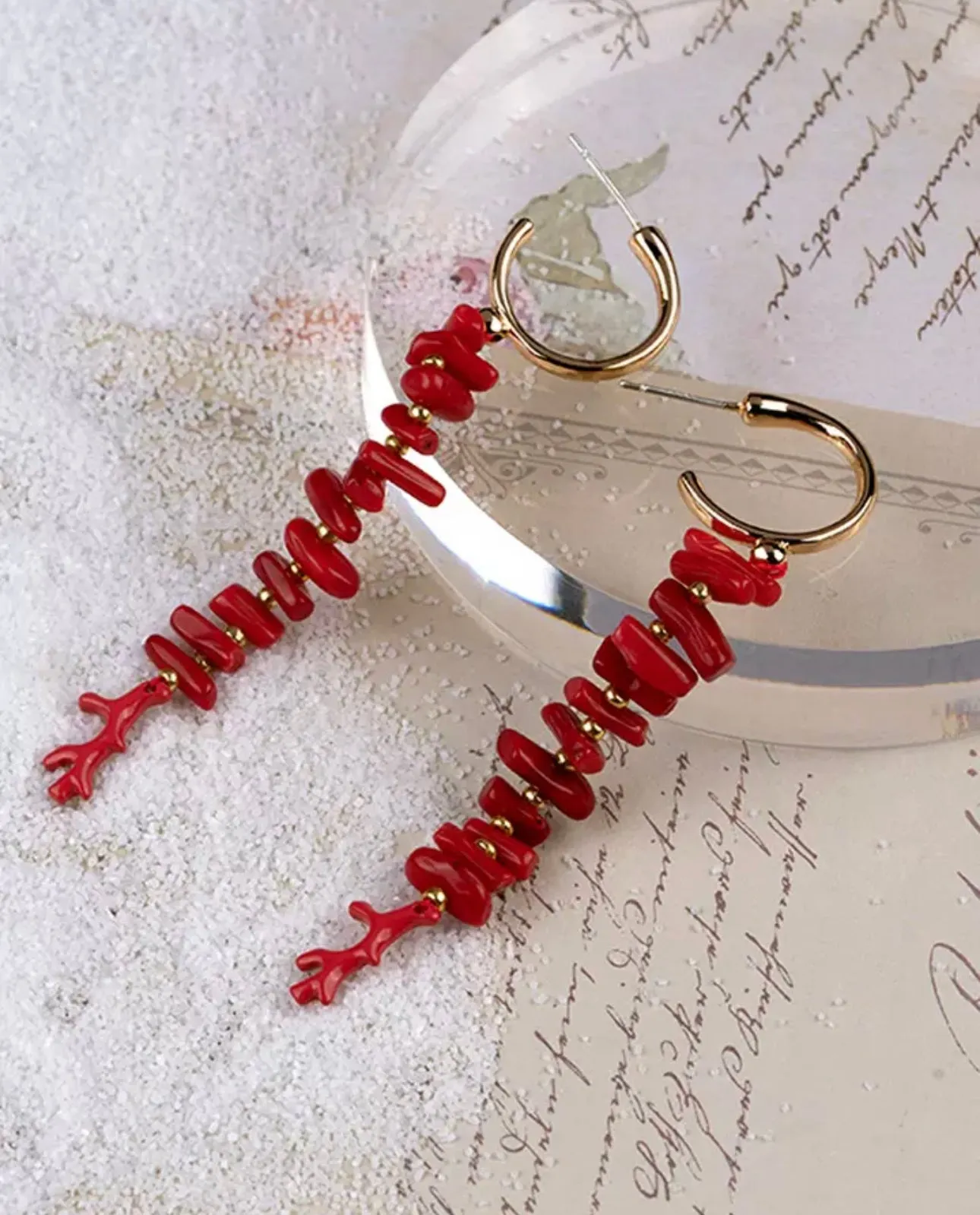 Gold Plated Open Hoop with Red Coral Chips Drop Earrings 200-29 | Erika Williner Designs