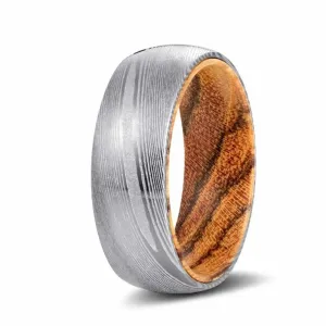 GRANT Domed Damascus Steel Wood Rings w/ Bocote Wood Sleeve 8mm