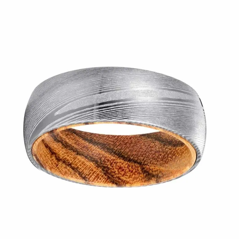 GRANT Domed Damascus Steel Wood Rings w/ Bocote Wood Sleeve 8mm