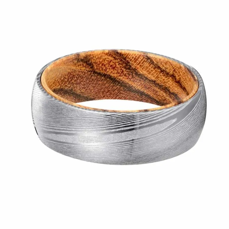 GRANT Domed Damascus Steel Wood Rings w/ Bocote Wood Sleeve 8mm