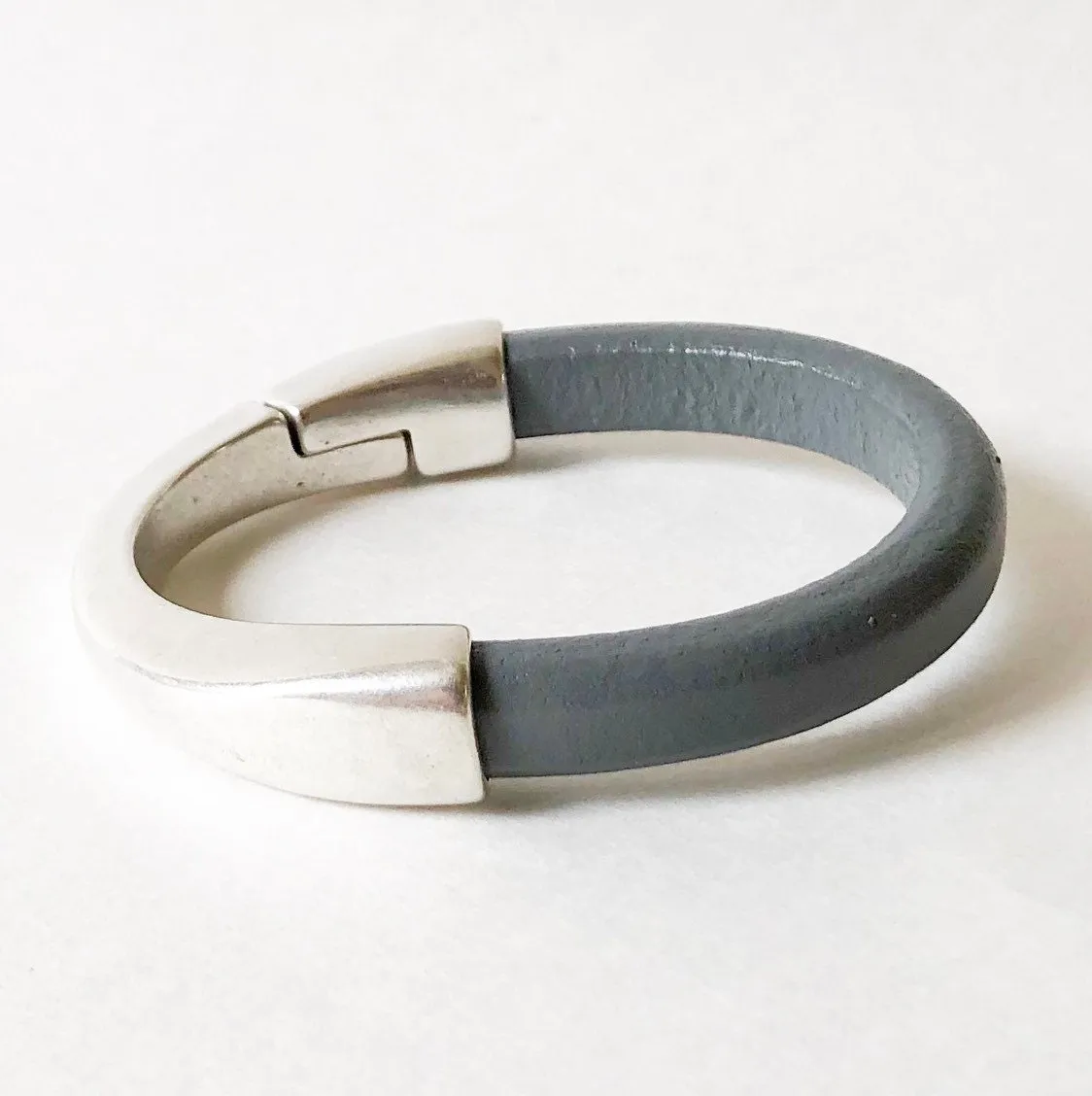 Gray Thick Leather Bracelet with Silver Magnetic Half Cuff Clasp