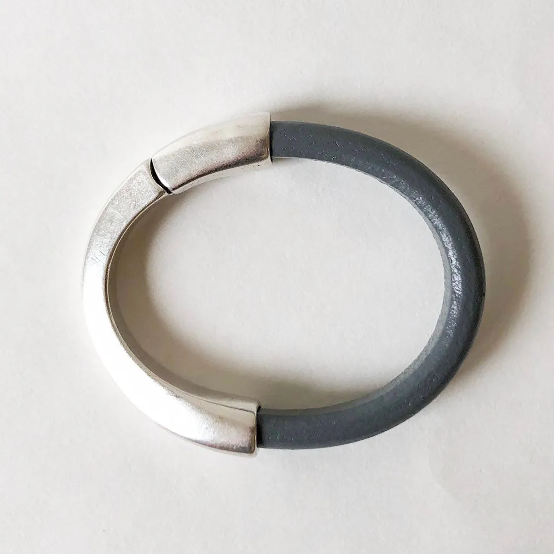 Gray Thick Leather Bracelet with Silver Magnetic Half Cuff Clasp