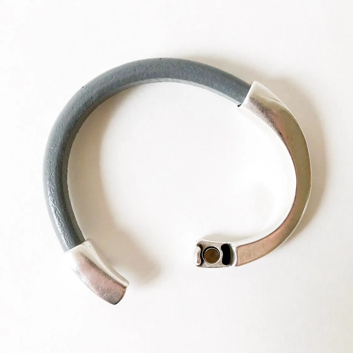 Gray Thick Leather Bracelet with Silver Magnetic Half Cuff Clasp