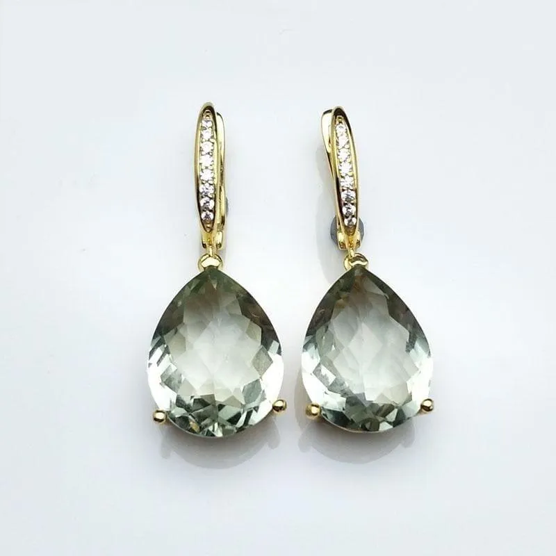 Green Amethyst 14ct Checkerboard Cut Gemstone Classic 925 Sterling Silver Earrings