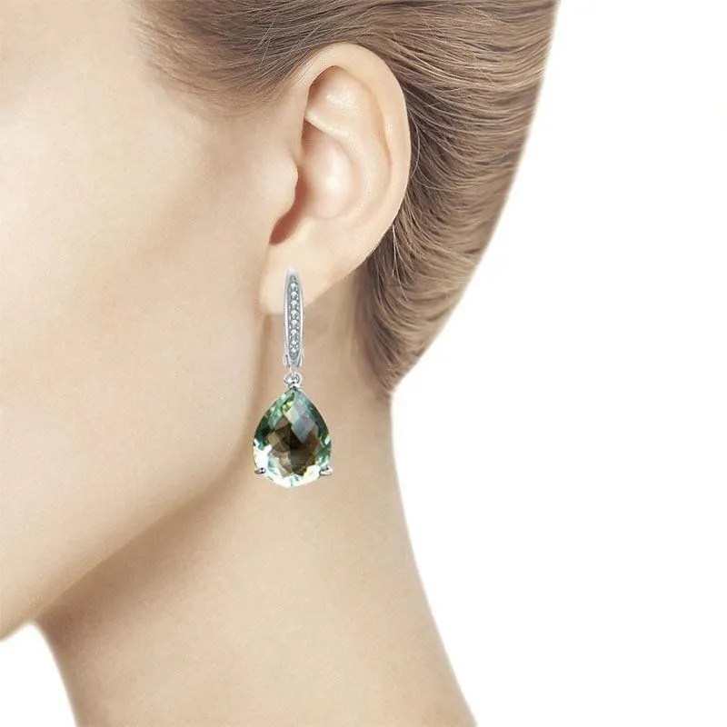 Green Amethyst 14ct Checkerboard Cut Gemstone Classic 925 Sterling Silver Earrings