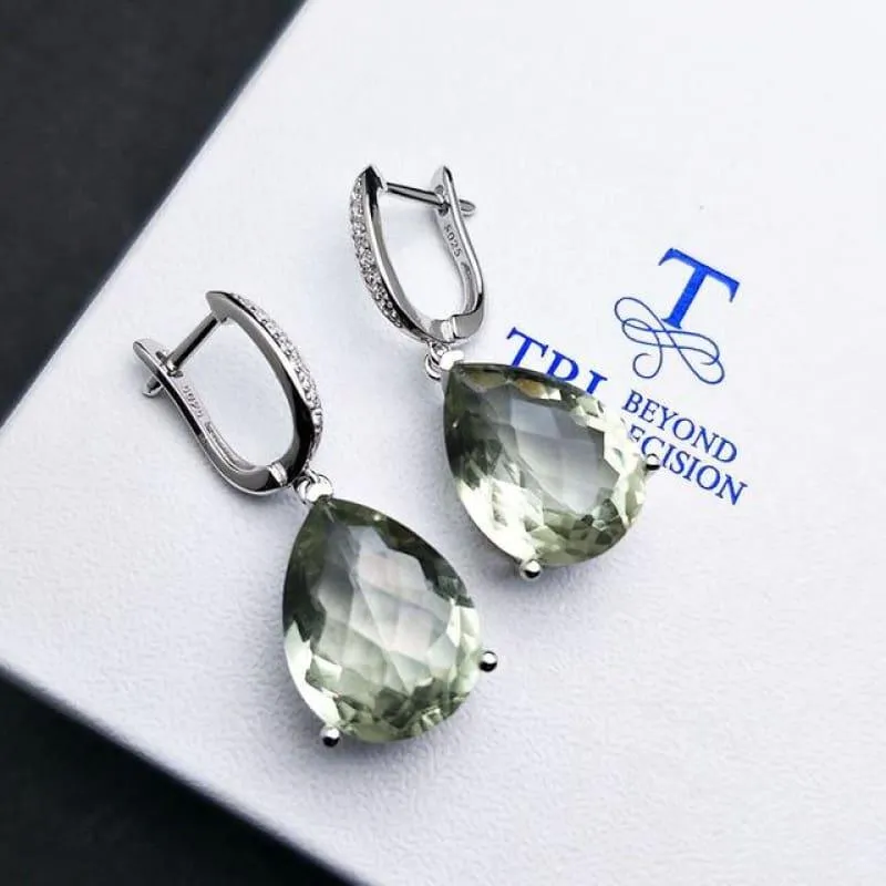 Green Amethyst 14ct Checkerboard Cut Gemstone Classic 925 Sterling Silver Earrings