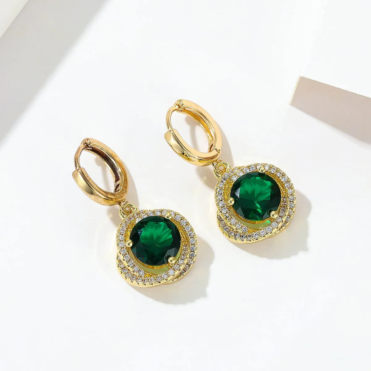 Green Crystal & Cubic Zirconia 18K Gold-Plated Halo Round Huggie Earrings