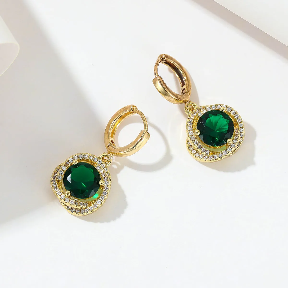 Green Crystal & Cubic Zirconia 18K Gold-Plated Halo Round Huggie Earrings