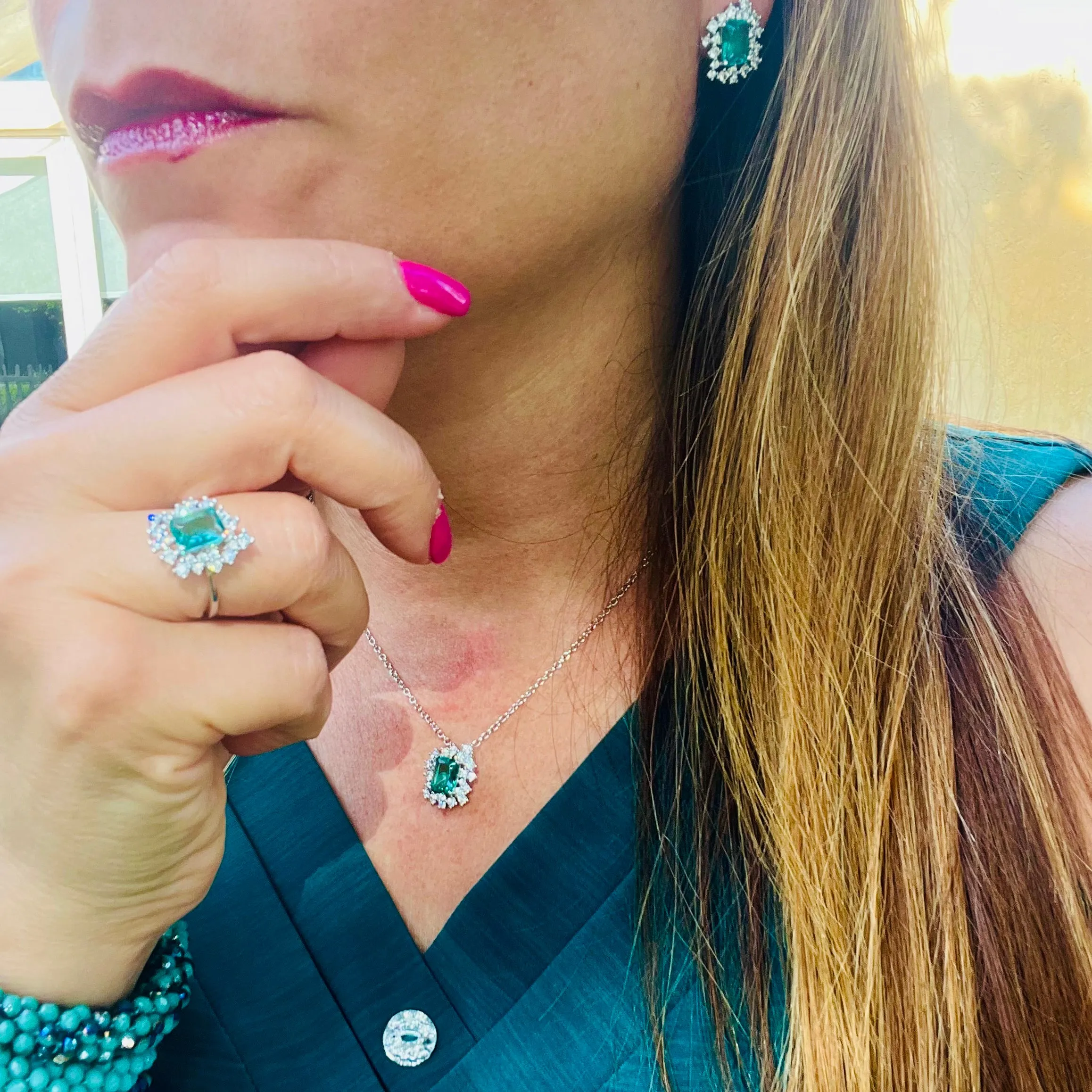 Green Princess Cut Jewelry Set