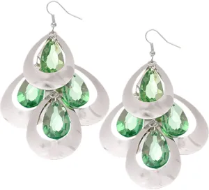 Green Silver Cascade Tier Teardrop Earrings