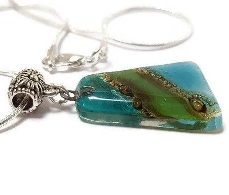 Green, teal and Brown Fused Glass small Pendant. Recycled Glass Necklace