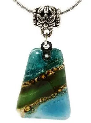 Green, teal and Brown Fused Glass small Pendant. Recycled Glass Necklace