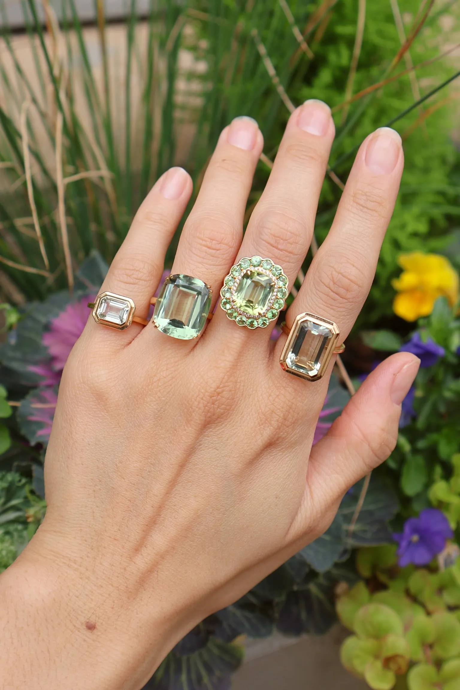 Green Tourmaline and Tsavorite Cushion Ring
