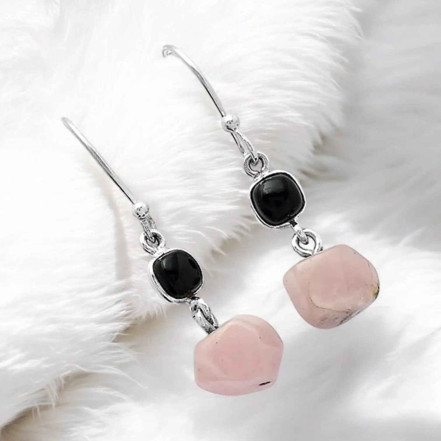 Guava Quartz & Black Onyx Solid 925 Sterling Silver Earrings