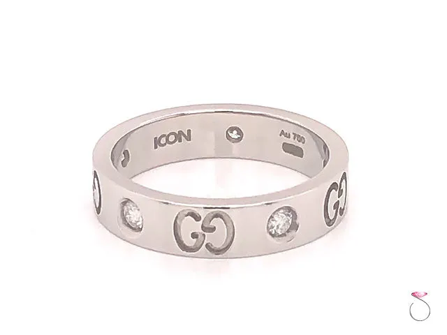 Gucci 5 Diamond Icon Band Ring, 4 mm Wide, 18K White Gold Size 4.50