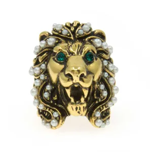 Gucci Lion Head Ring with Pearls