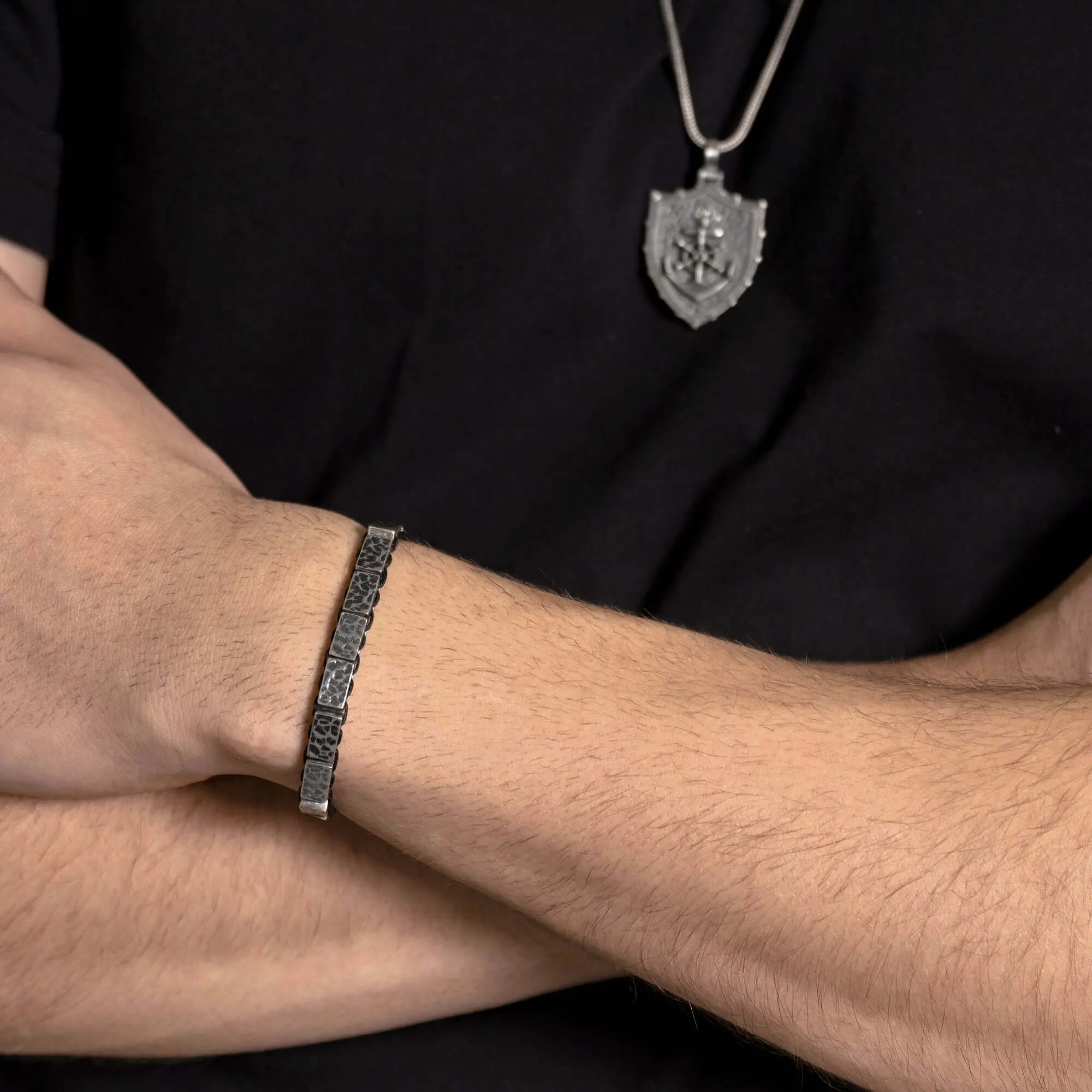 Hammered Sterling Silver Men's Bracelet on Black Waxed Cord