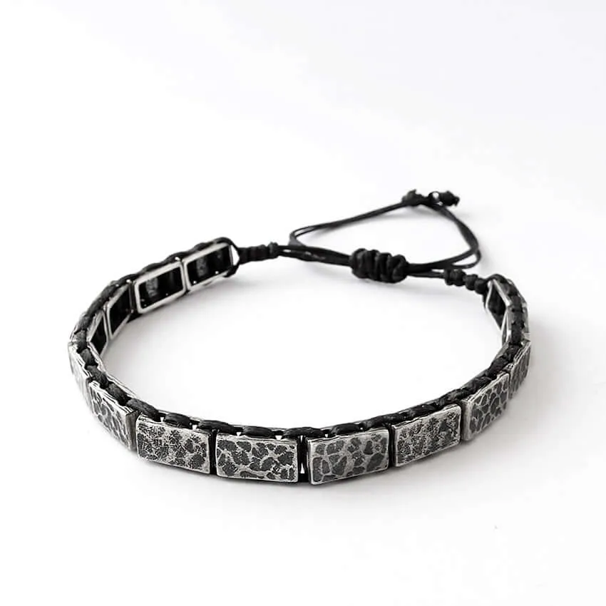 Hammered Sterling Silver Men's Bracelet on Black Waxed Cord
