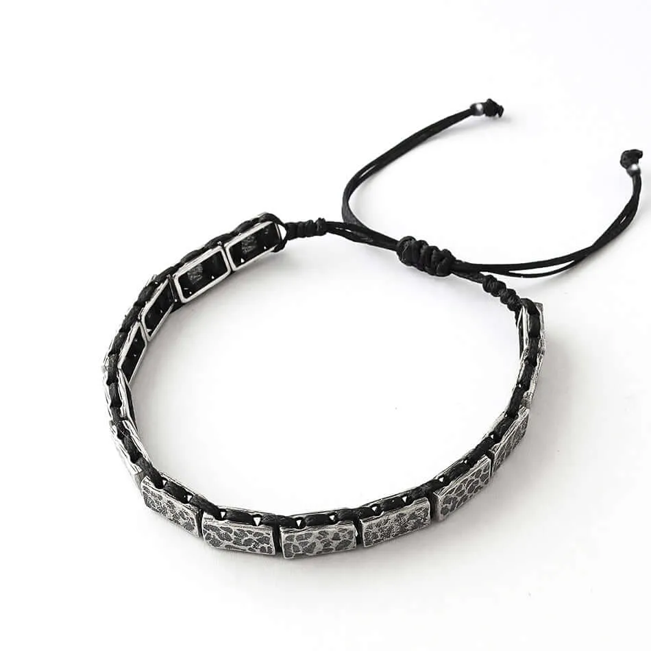 Hammered Sterling Silver Men's Bracelet on Black Waxed Cord