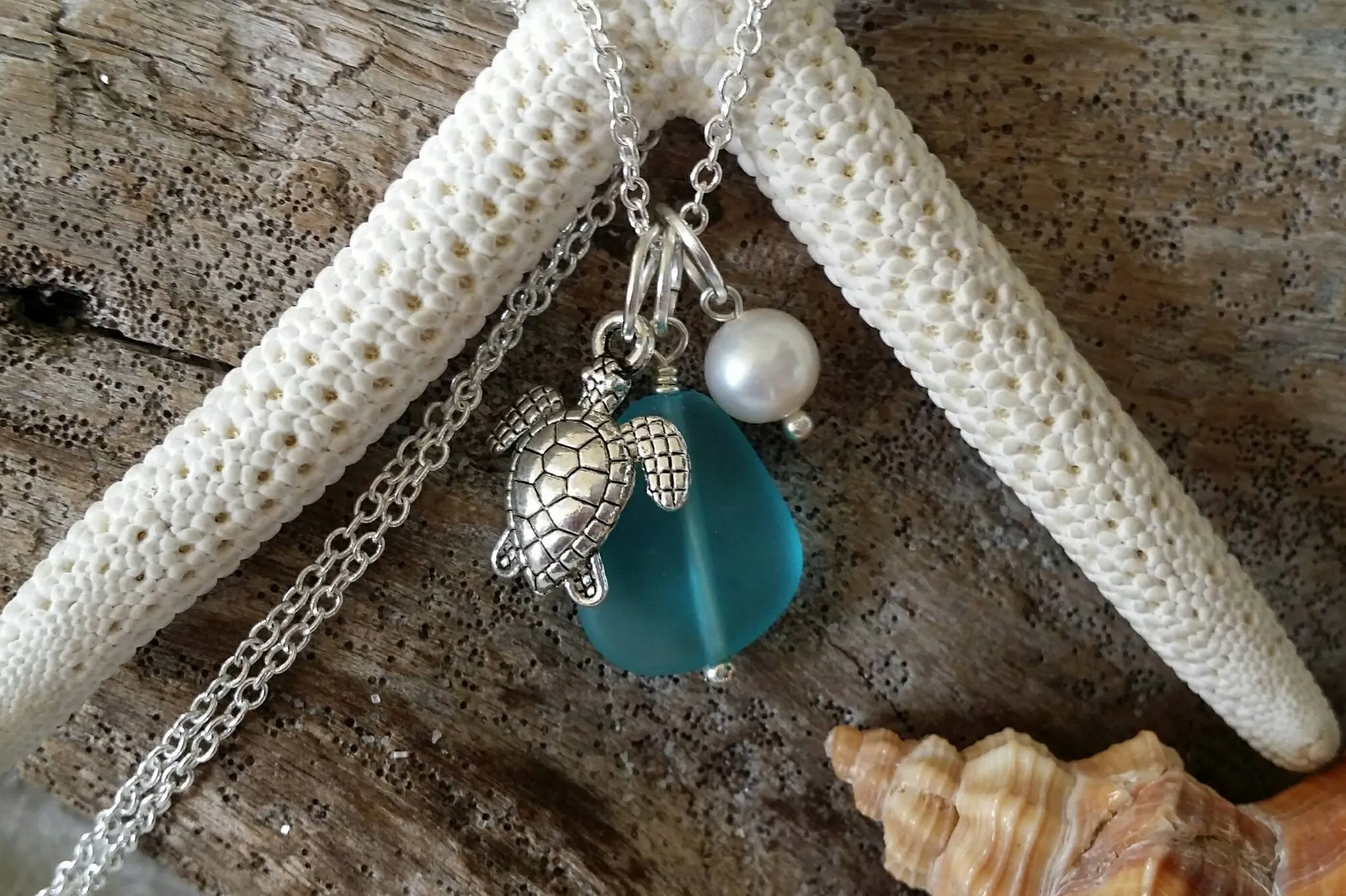 Handmade in Hawaii, Blue blue sea glass beach glass necklace,Sea turtle charm, Fresh water pearl, Beach jewelry.