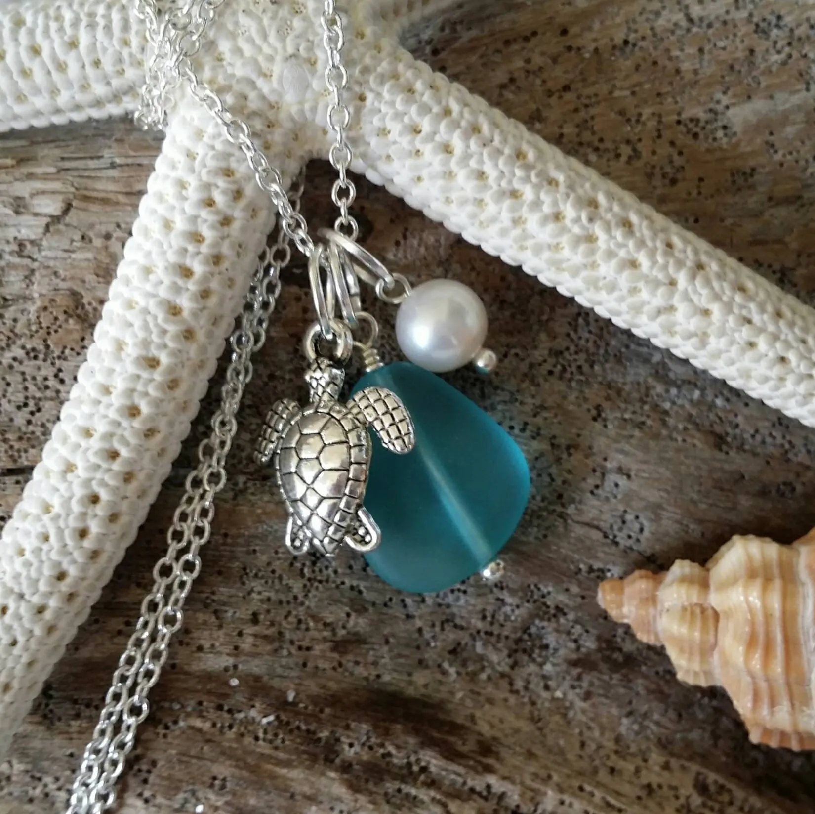 Handmade in Hawaii, Blue blue sea glass beach glass necklace,Sea turtle charm, Fresh water pearl, Beach jewelry.