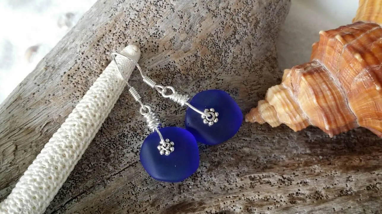 Hawaiian Jewelry Sea Glass Earrings, Light Weight Cobalt Blue Earrings, Sea Glass Jewelry Beach Birthday Gift (September Birthstone Jewelry)
