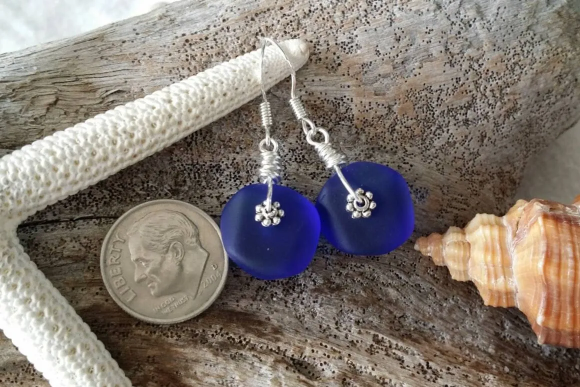 Hawaiian Jewelry Sea Glass Earrings, Light Weight Cobalt Blue Earrings, Sea Glass Jewelry Beach Birthday Gift (September Birthstone Jewelry)