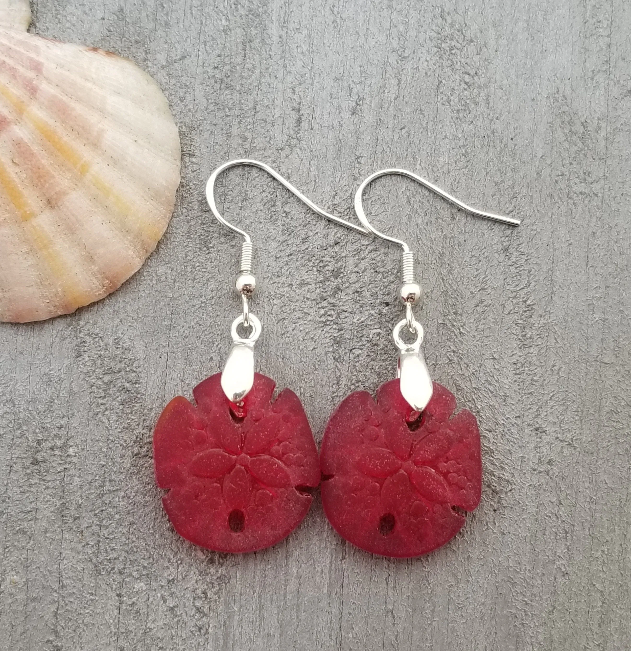 Hawaiian Jewelry Sea Glass Earrings, Ruby Red Twin Sand Dollar Earrings,  Unique Earrings (July Birthstone Jewelry)