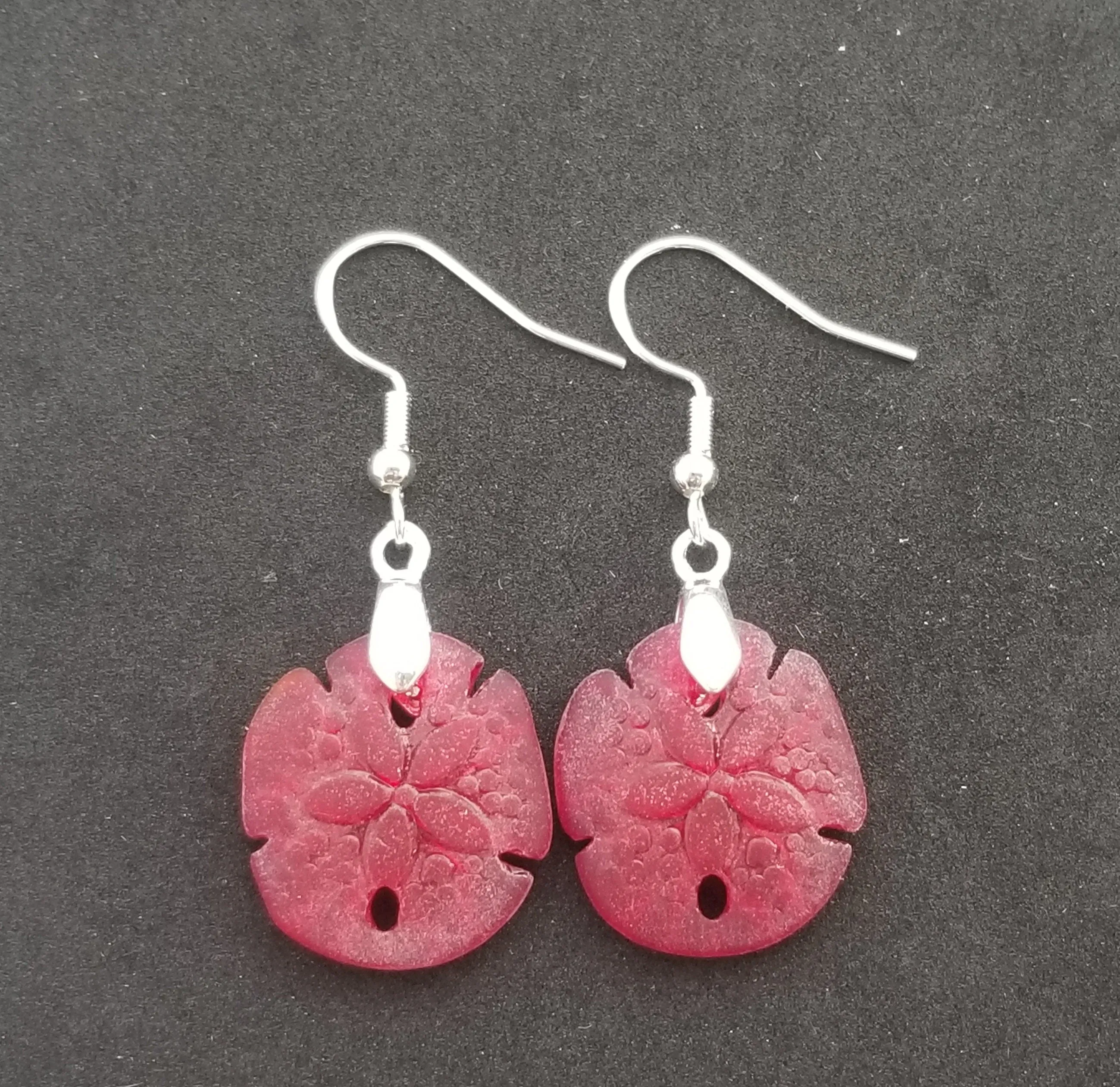 Hawaiian Jewelry Sea Glass Earrings, Ruby Red Twin Sand Dollar Earrings,  Unique Earrings (July Birthstone Jewelry)