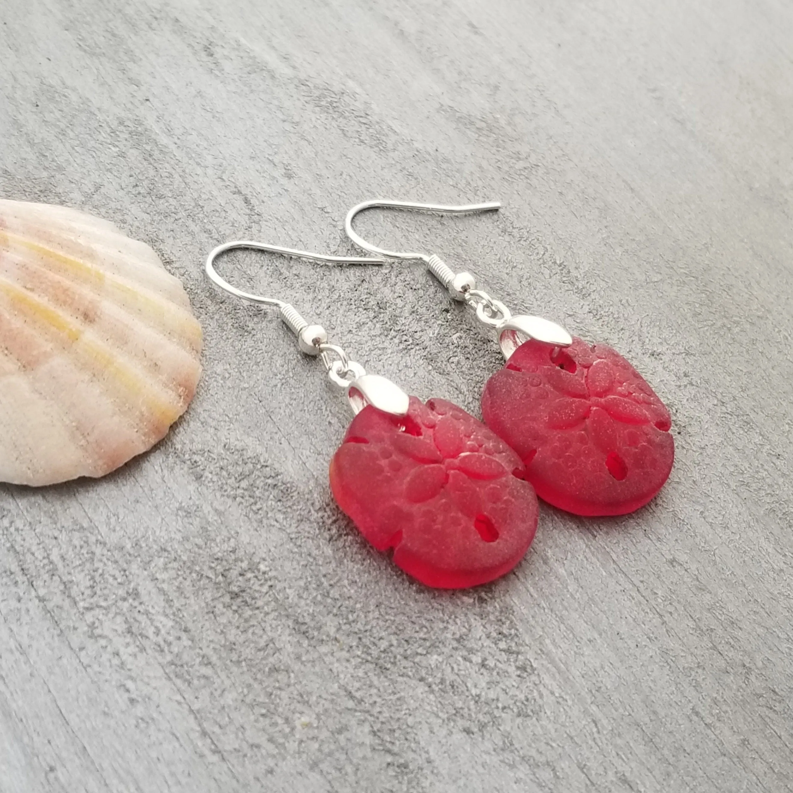 Hawaiian Jewelry Sea Glass Earrings, Ruby Red Twin Sand Dollar Earrings,  Unique Earrings (July Birthstone Jewelry)