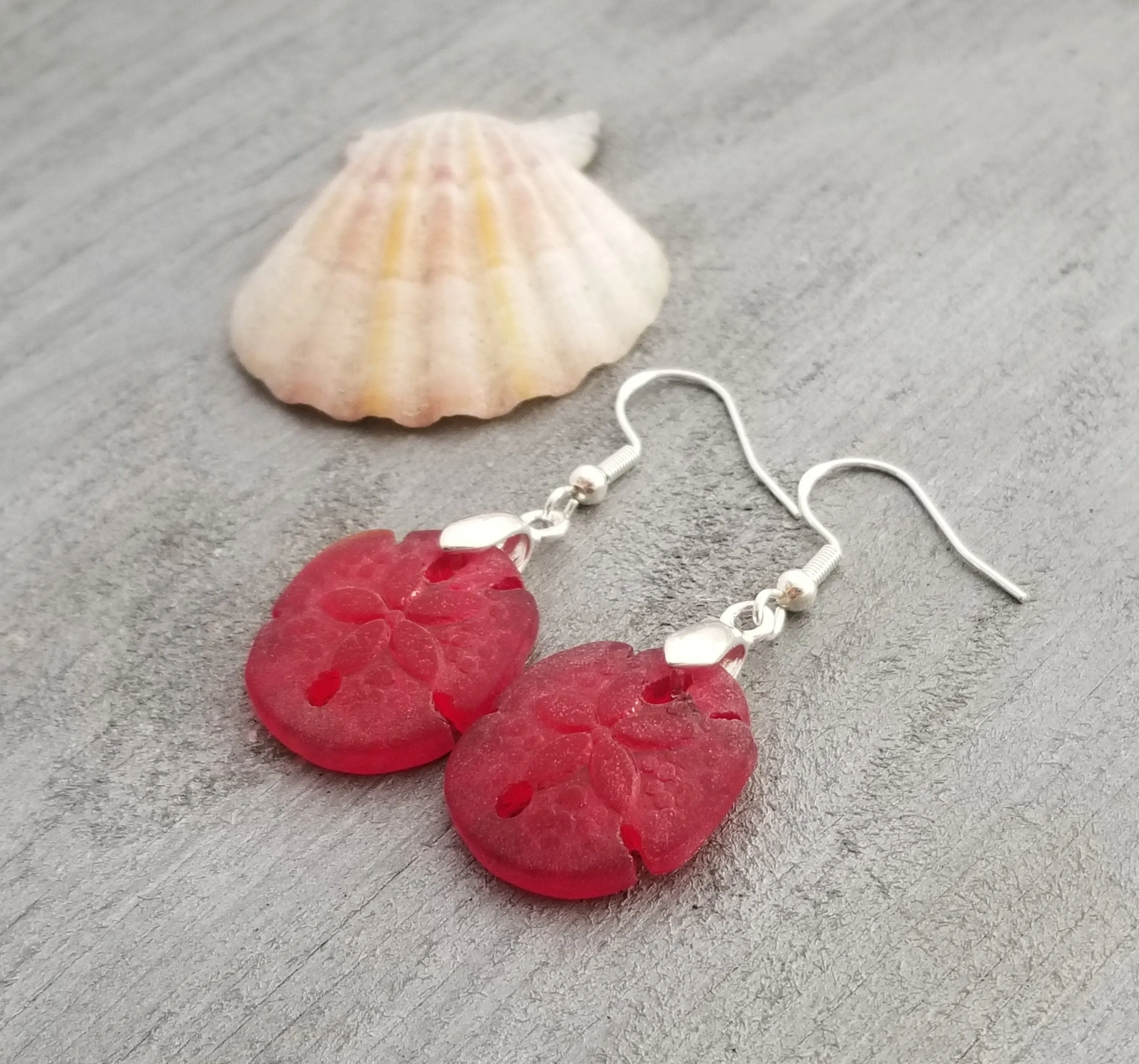 Hawaiian Jewelry Sea Glass Earrings, Ruby Red Twin Sand Dollar Earrings,  Unique Earrings (July Birthstone Jewelry)