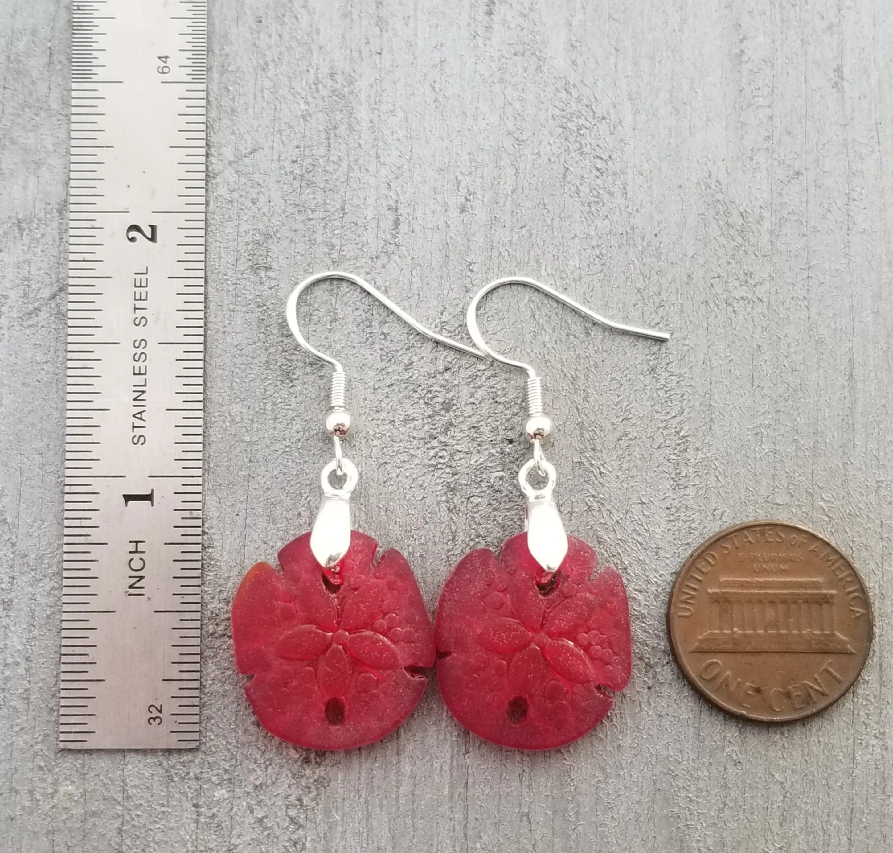 Hawaiian Jewelry Sea Glass Earrings, Ruby Red Twin Sand Dollar Earrings,  Unique Earrings (July Birthstone Jewelry)