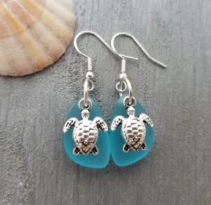 Hawaiian Jewelry Sea Glass Earrings, Twin Turtle Earrings Turquoise Blue Earrings, Sea Glass Birthday Gift (December Birthstone)