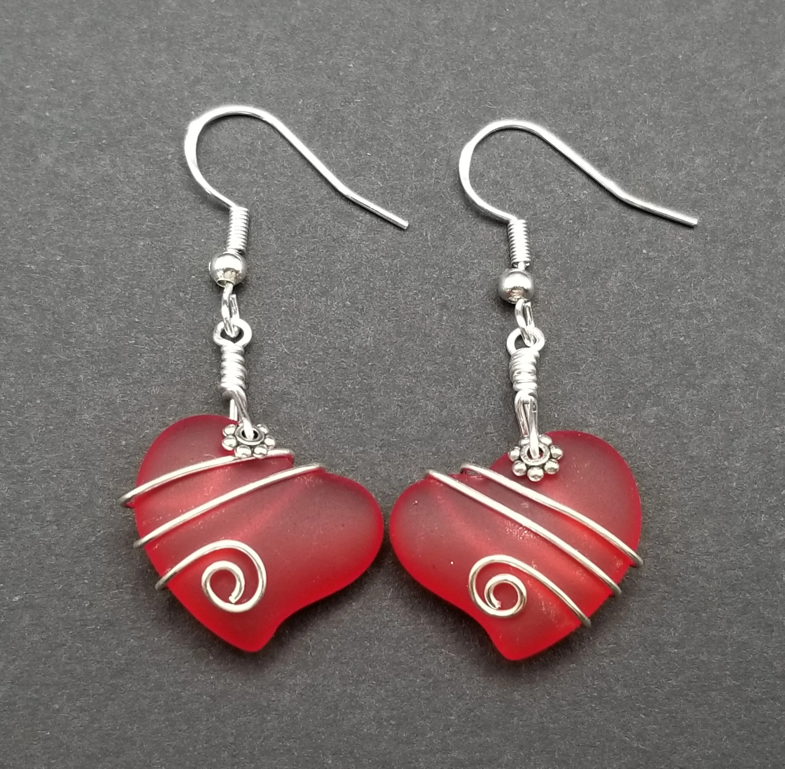 Hawaiian Jewelry Sea Glass Earrings, Wire Twin Heart Earrings Ruby Red Earrings, Beach Jewelry (July Birthstone Jewelry)