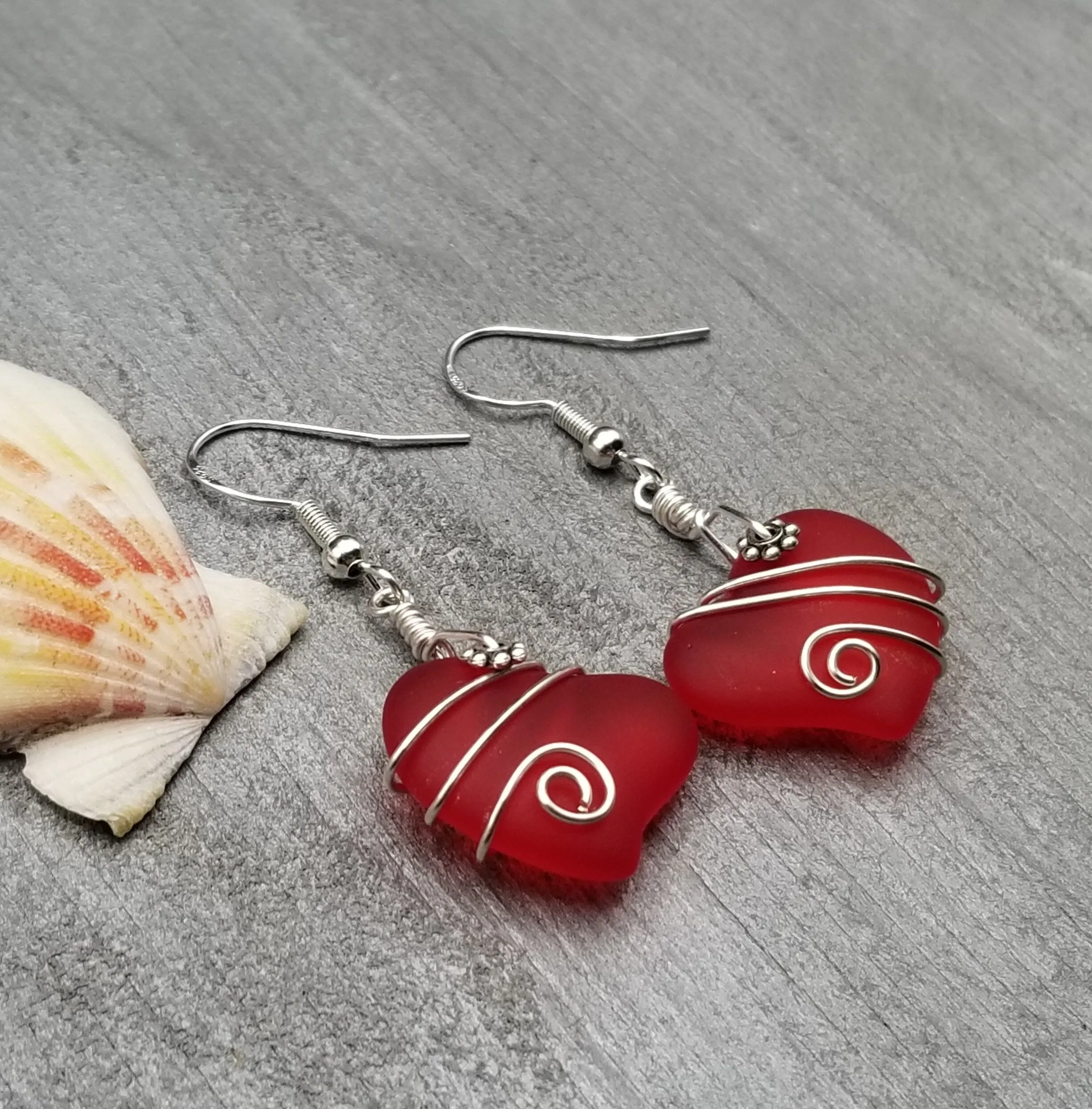Hawaiian Jewelry Sea Glass Earrings, Wire Twin Heart Earrings Ruby Red Earrings, Beach Jewelry (July Birthstone Jewelry)