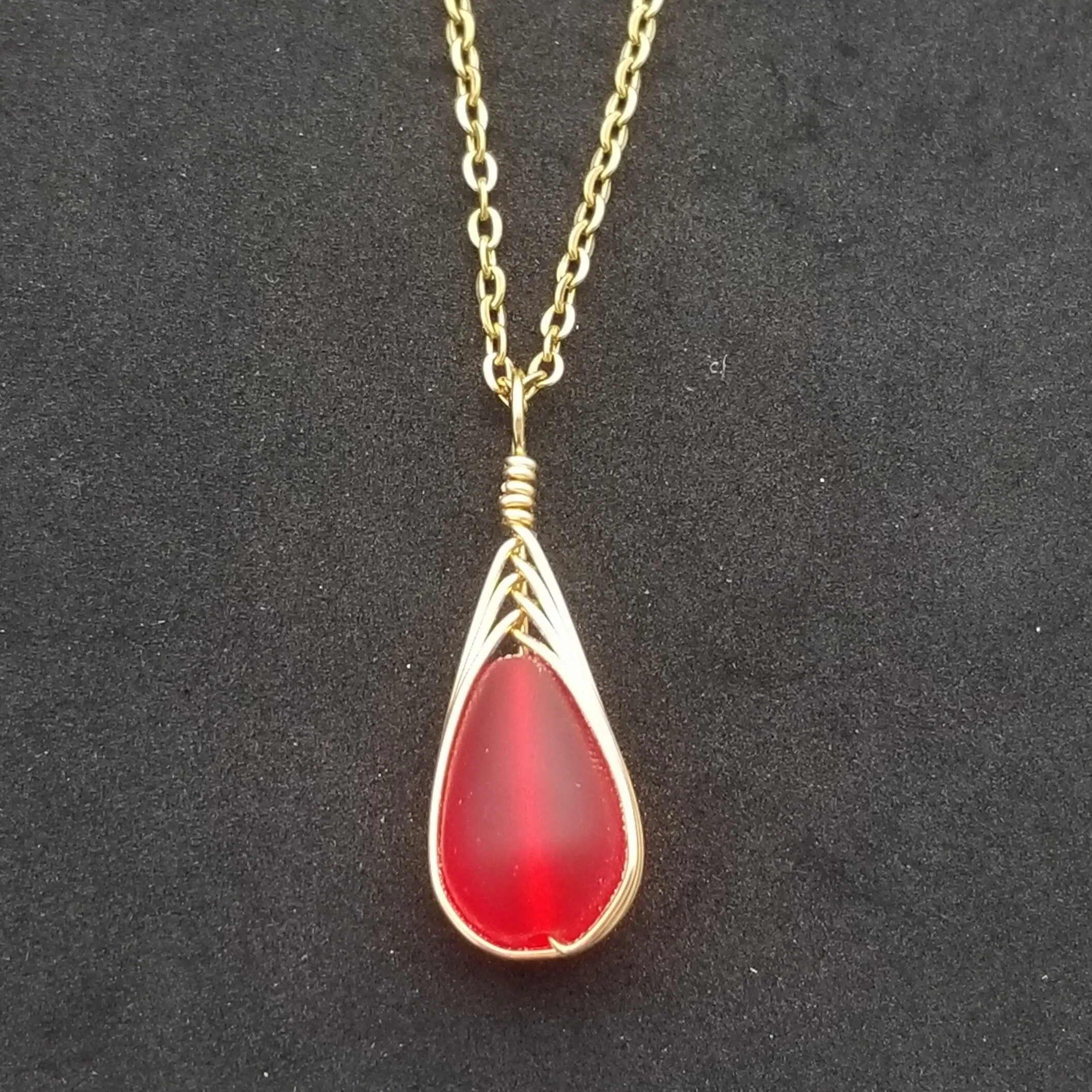 Hawaiian Jewelry Sea Glass Necklace, Gold Braided Ruby Red Necklace, Beach Jewelry Birthday Gift