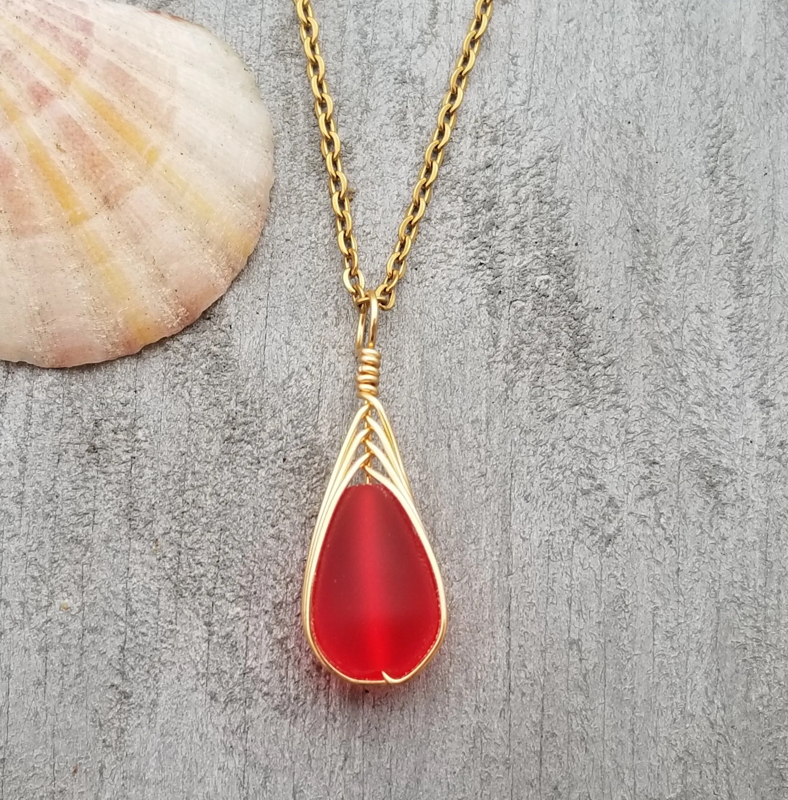 Hawaiian Jewelry Sea Glass Necklace, Gold Braided Ruby Red Necklace, Beach Jewelry Birthday Gift