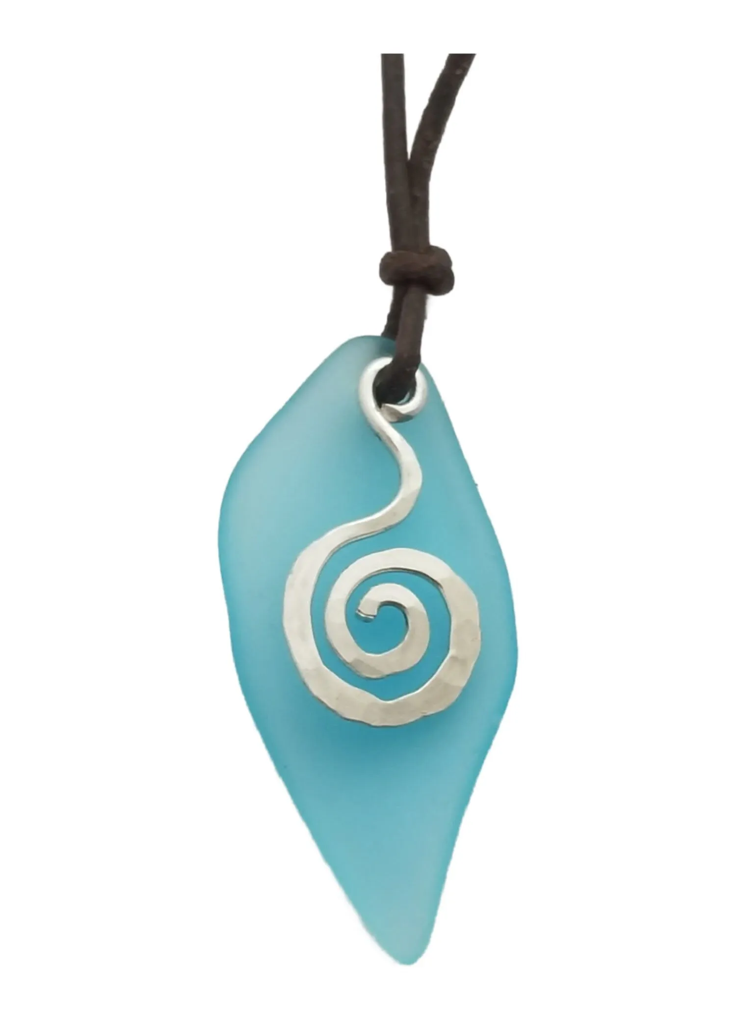 Hawaiian Jewelry Sea Glass Necklace, "Island Breeze" Wire Swirls Leather Cord Necklace Unisex Sea Glass Jewelry (December Birthstone Gift)