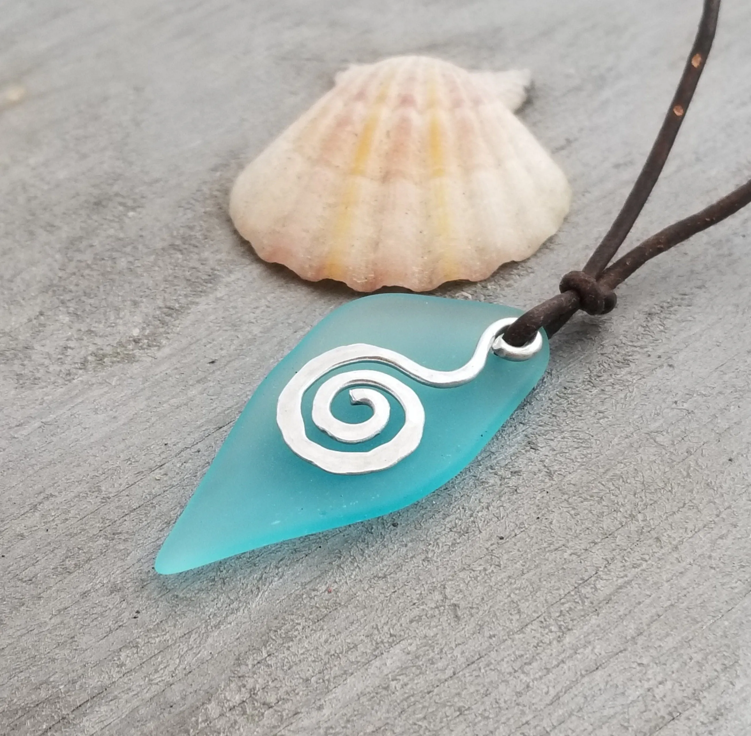 Hawaiian Jewelry Sea Glass Necklace, "Island Breeze" Wire Swirls Leather Cord Necklace Unisex Sea Glass Jewelry (December Birthstone Gift)